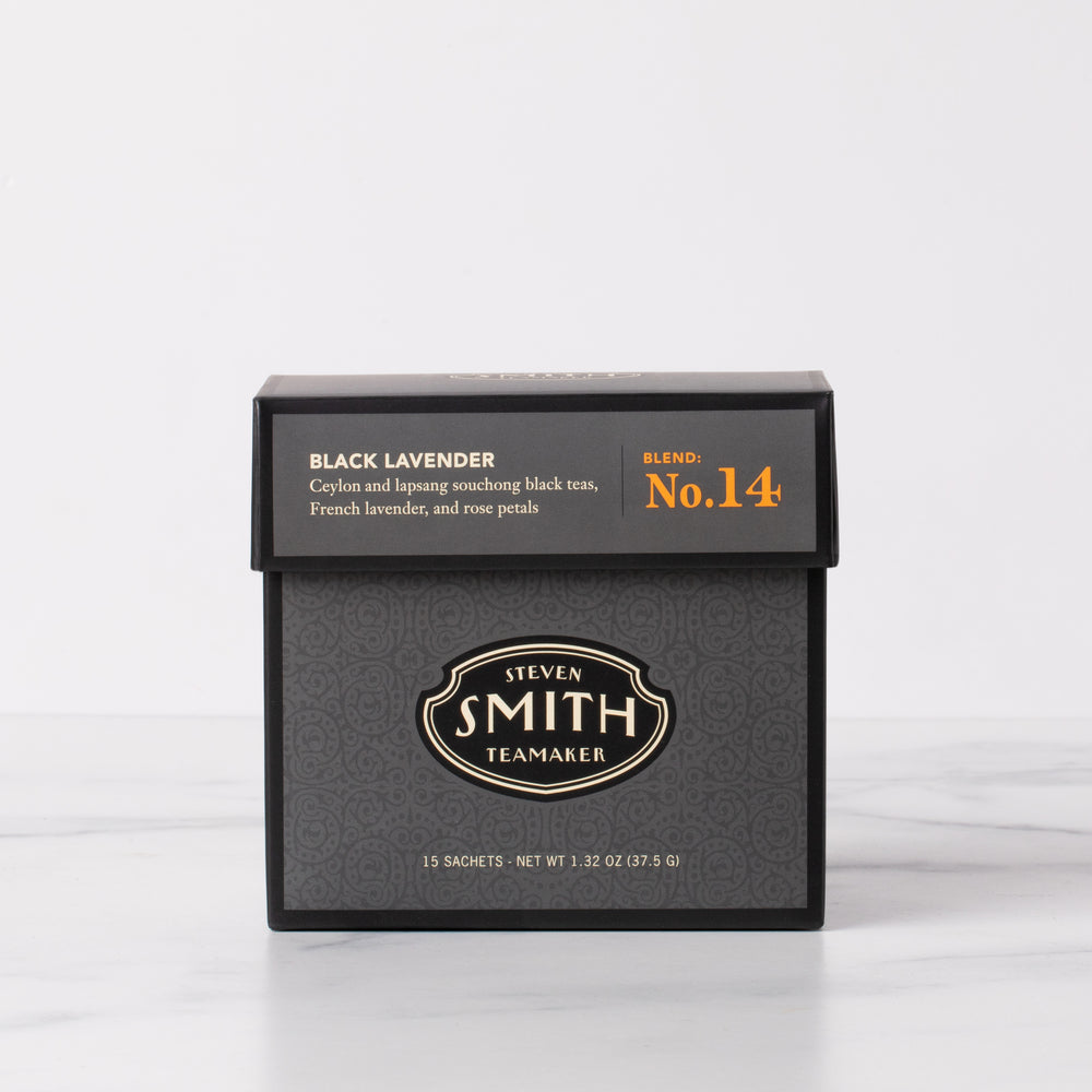 Black box of Black Lavender full-leaf black tea sachets with Smith shield in center of box.
