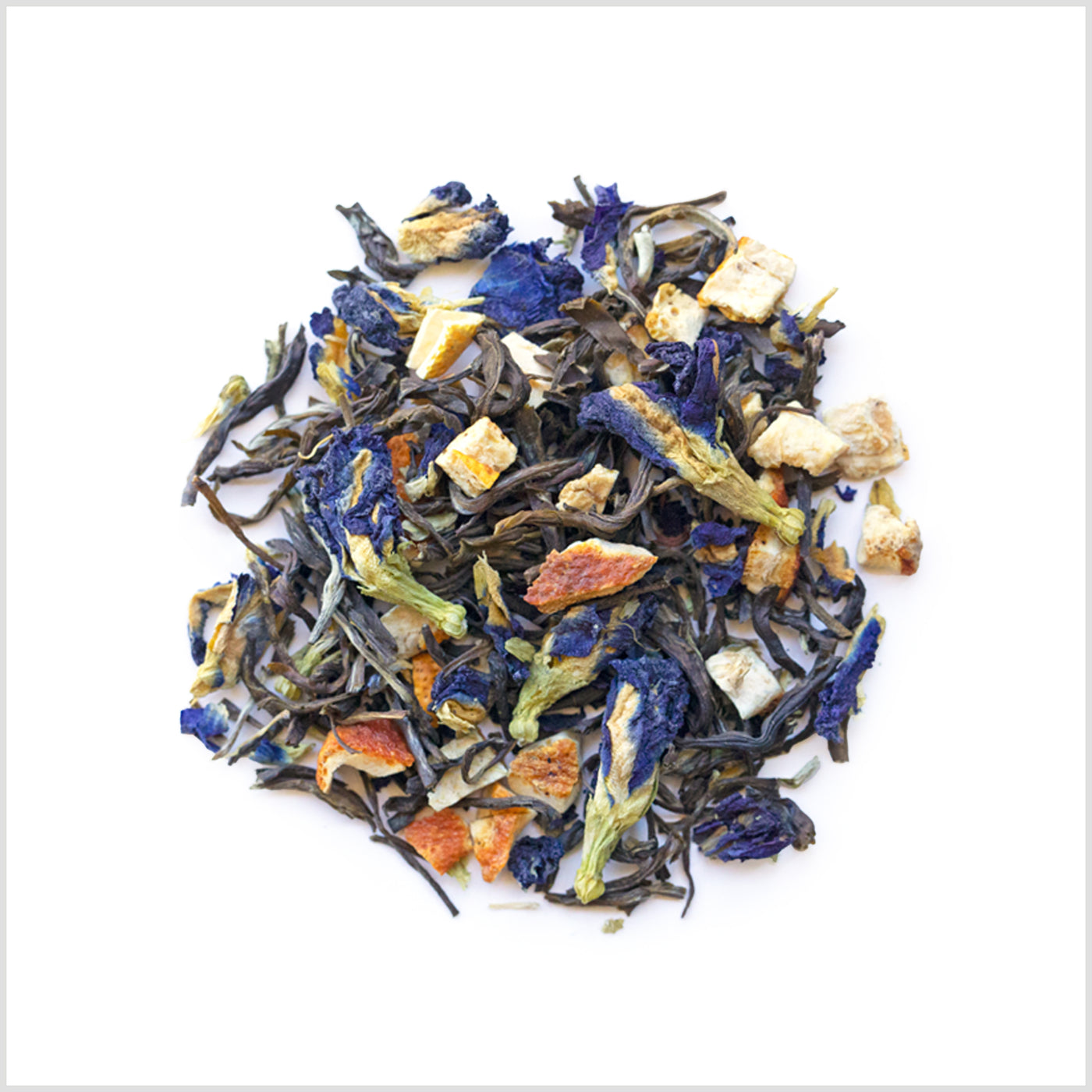 Pile of Blackberry Jasmine loose tea featuring blue butterfly pea flowers, chunks of dried orange peel and jasmine silver tip green tea.