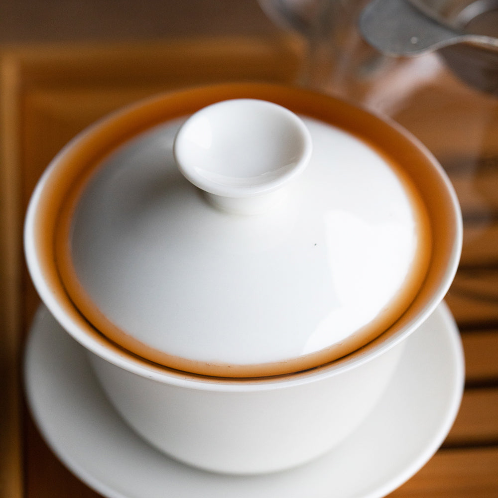 Gaiwan filled with tea with gaiwan lid on top.