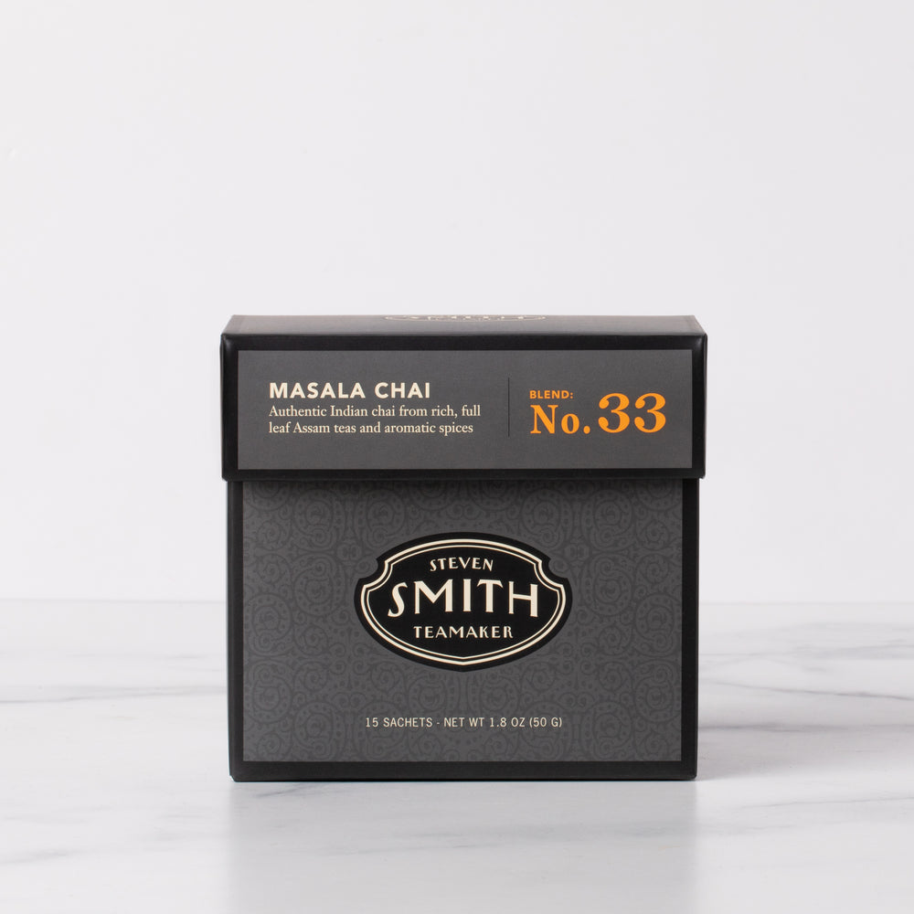 Black box of Masala Chai full-leaf black tea sachets with Smith shield in center of box.