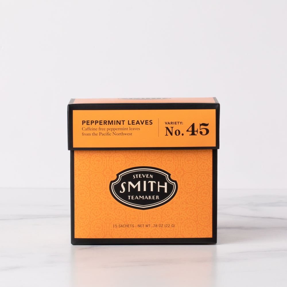 Orange box of Peppermint Leaves sachets with Smith shield in center of box.