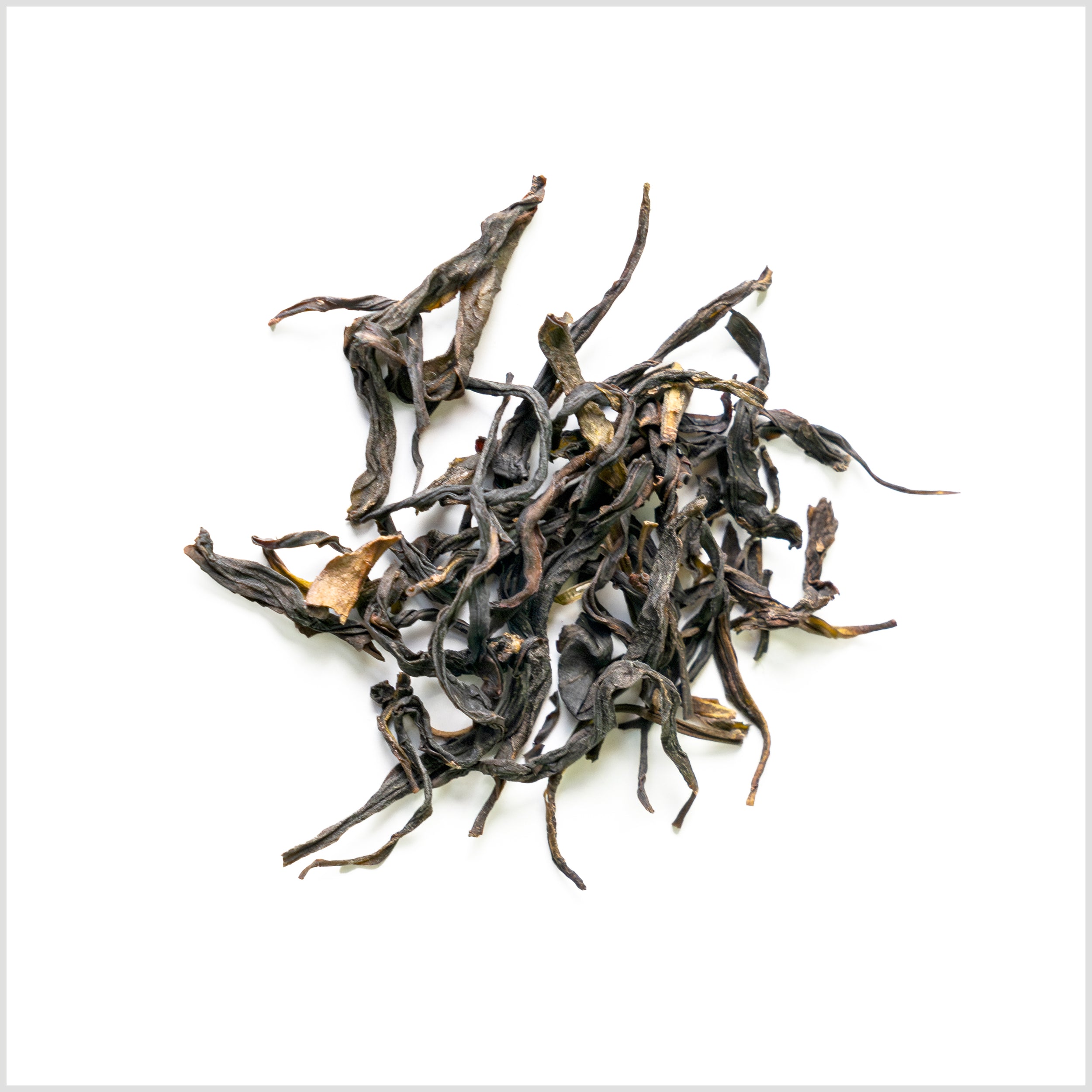 Pile of long wirey black tea leaves.