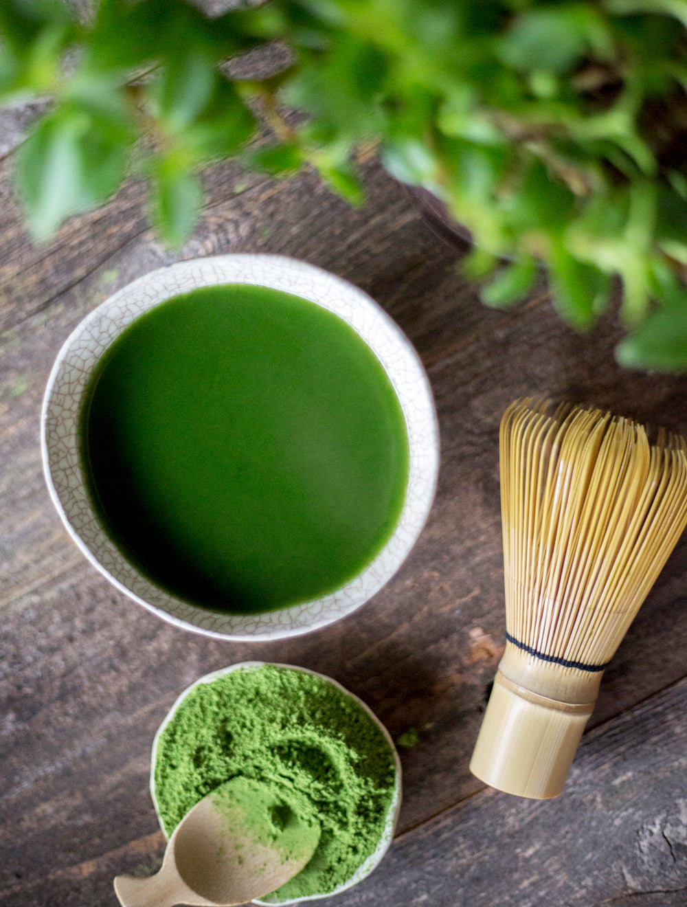 Bowl of ceremonial matcha with a matcha whisk and a bowl of matcha powder with a wooden spoon.