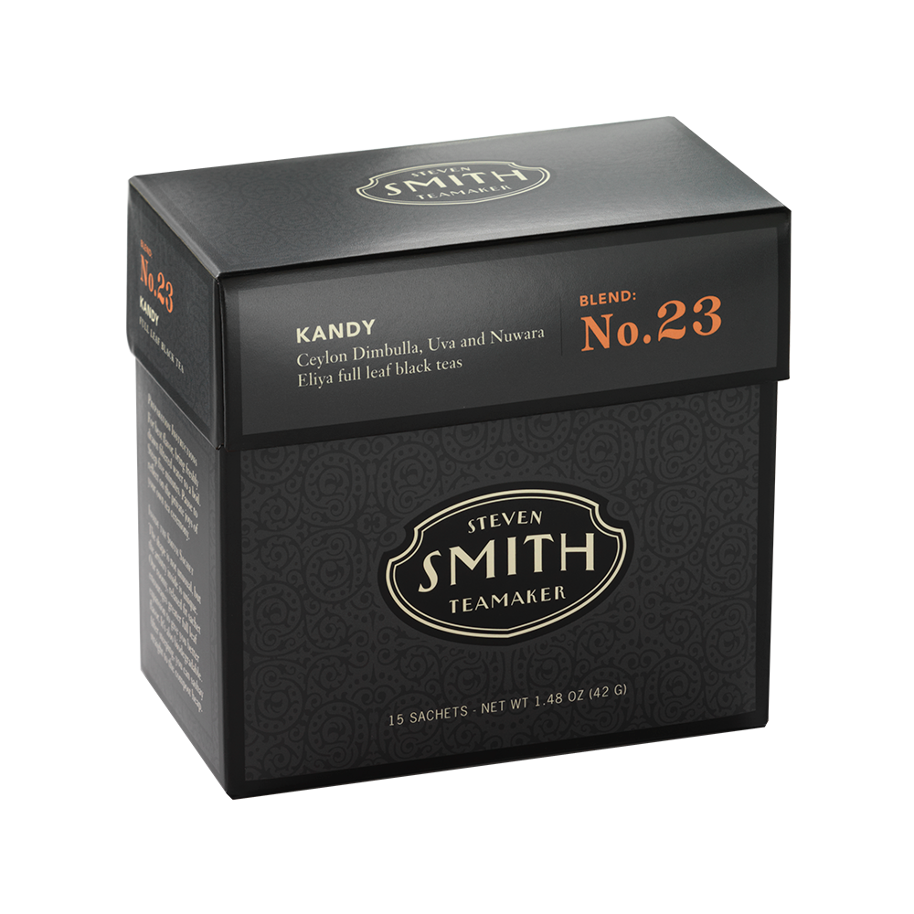 Black box of Kandy full-leaf black tea sachets with Smith shield in center of box.