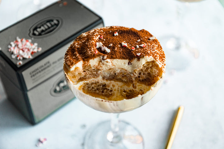 Cross section of Chocolate Peppermint Tiramisu to show lady fingers and cream filling.