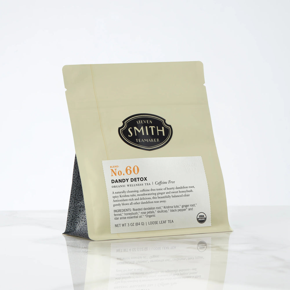 Cream bag of loose leaf tea with Smith shield and Dandy Detox label