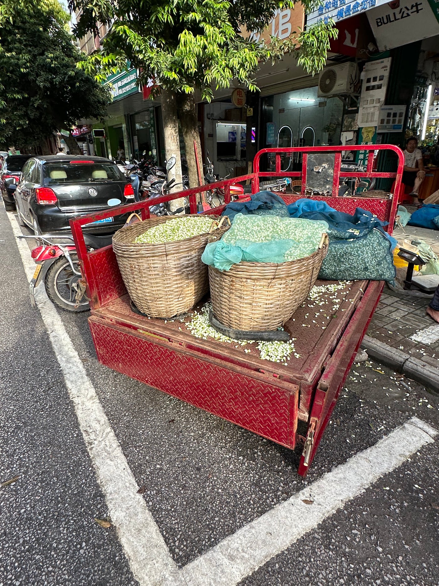 Back of a pickup truck carrying multiple baskets filled with jasmine and magnolia blossoms.