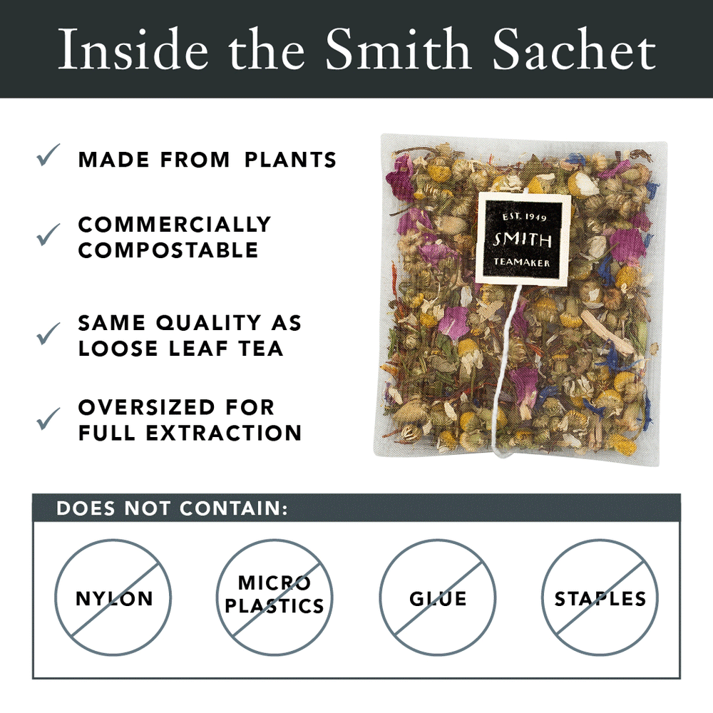 Flashing images of tea sachets that are made from plants, compostable, and do not contain microplastics, glue or staples.