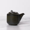 Black lidded teapot with spout and long handle.