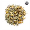 Circular pile of chamomile buds, lemongrass and lavender.