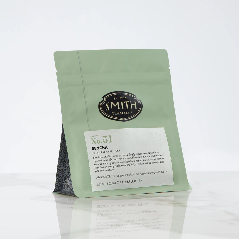 Green bag of loose leaf tea with Smith shield and Sencha label