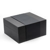 Black wooden box with logo emboss on white background.