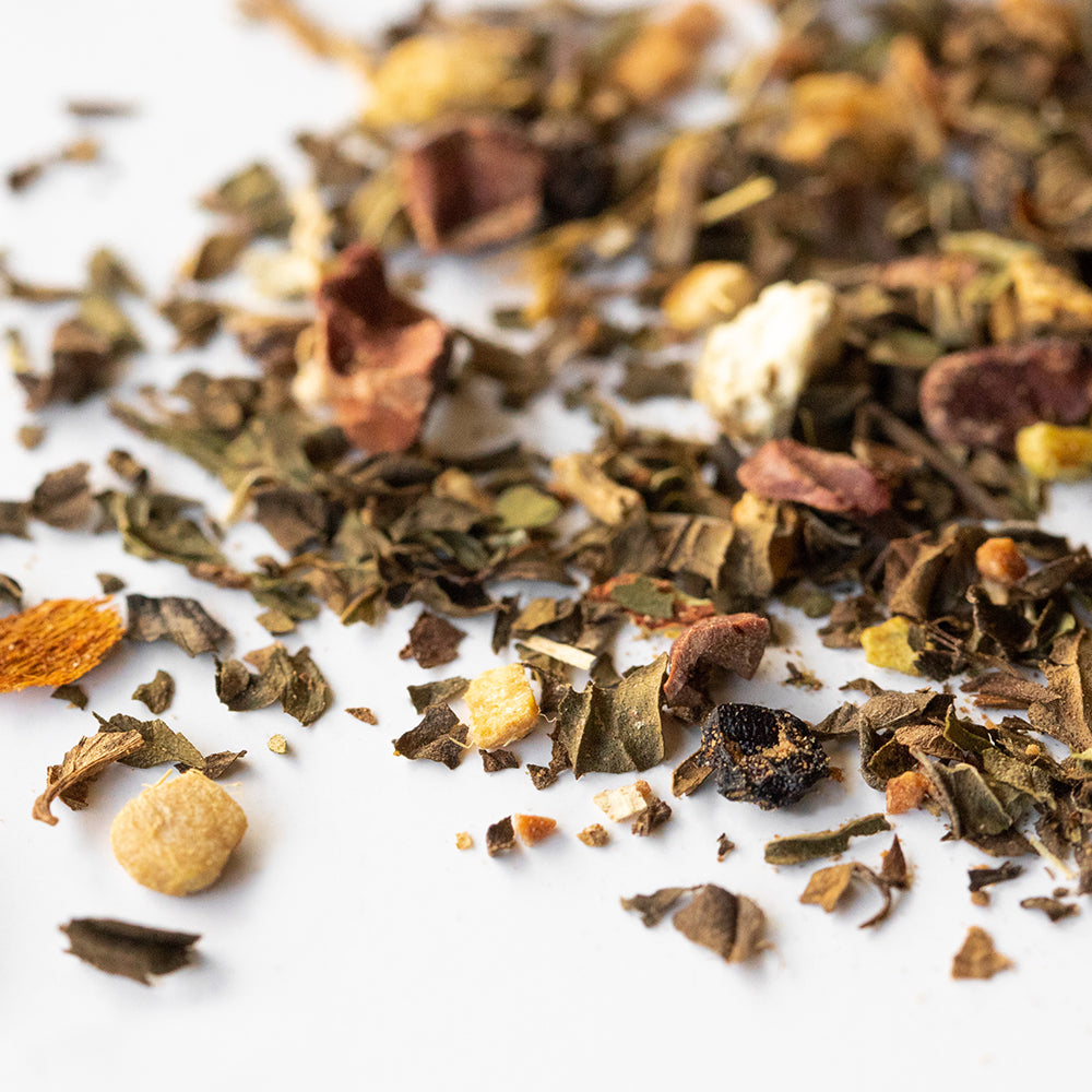 Loose peppermint leaves, nutmeg, ginger and cacao nibs on white background.