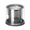 Stainless steel circular strainer with holes and two handles that are closed.