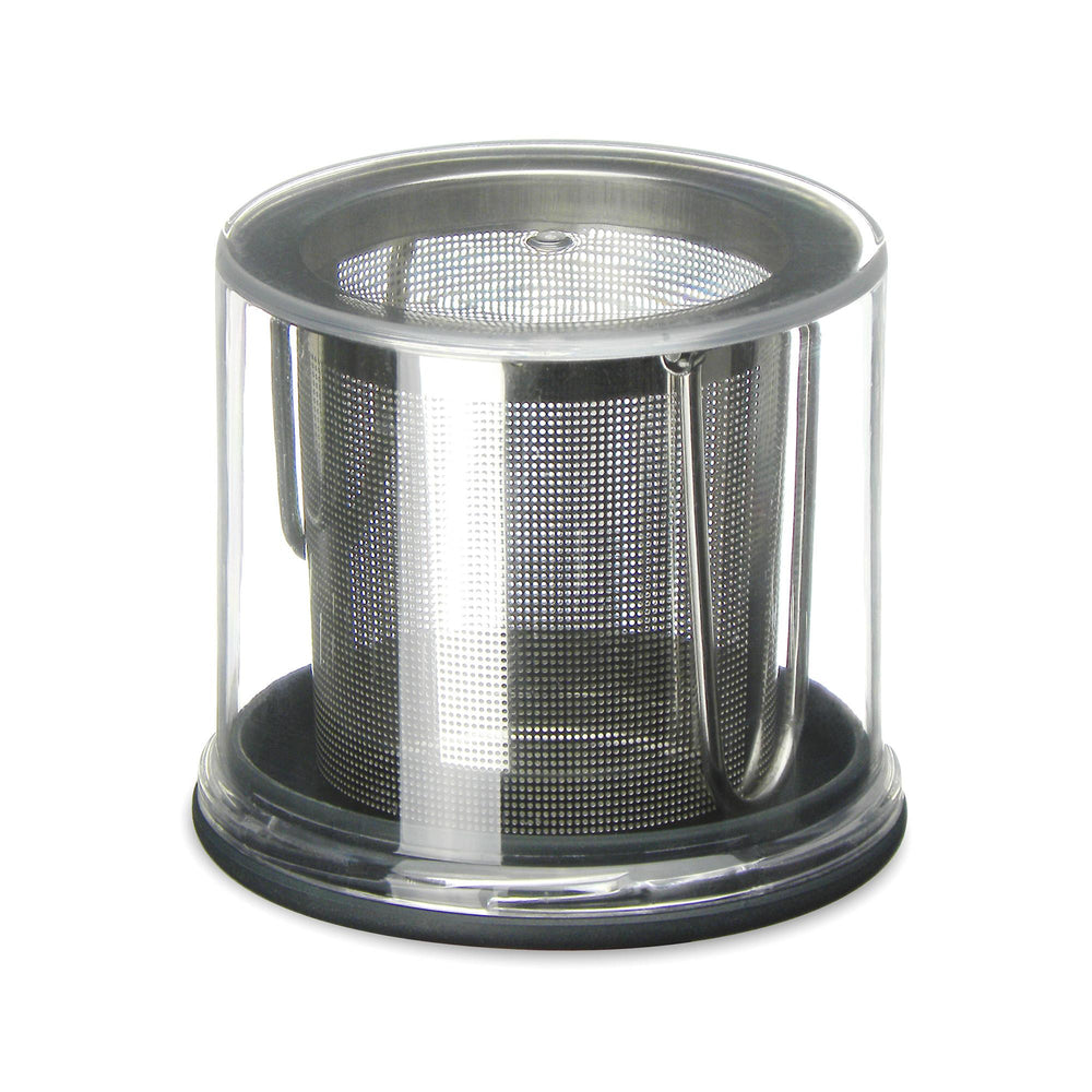 Stainless steel circular strainer with holes and two handles that are closed.