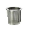 Stainless steel circular strainer with holes and two handles that are closed.