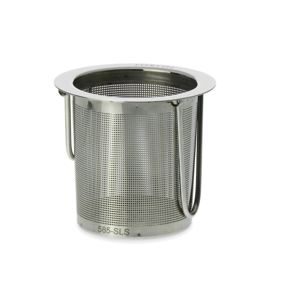 Stainless steel circular strainer with holes and two handles that are closed.