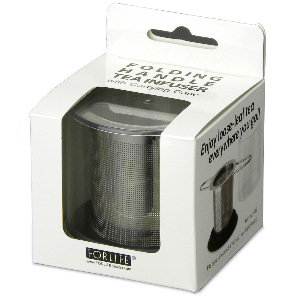 Stainless steel circular strainer with holes and two handles that are closed.